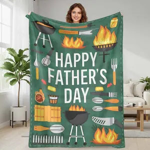 Father’s Day Flannel Blanket Barbecue Grill Print Cozy Soft Lightweight Warm Throw Blanket for Sofa Couch Outdoor Picnic Camping Home Decor Gift for Dad Family Celebration Lounge Use summerwins