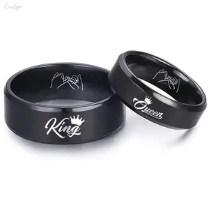 King & Queen Engraved Couple Ring Set, Black Plated Promise Rings with Crown & Pinky Promise Design, Matching His & Hers Wedding Bands