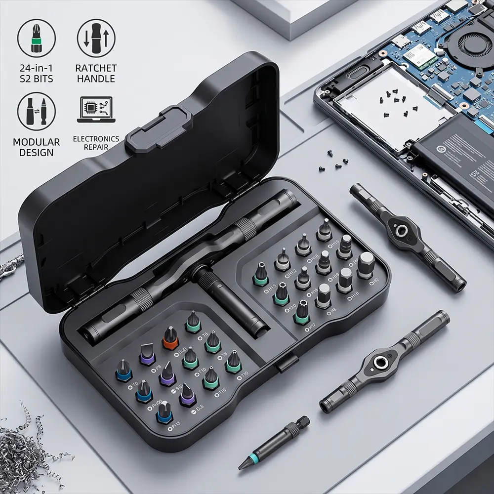 【DealsForYouDays】24-in-1 Multifunctional Ratcheting Screwdriver Tool Set - Compact Portable Precision Magnetic DIY Kit with Switchable Torx, Flat-Head Bits for Home Repair, Curtain Rod Installation, Father’s Day Gift, Multifunctional Screwdriver