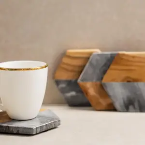 Artisan Marble and Wood Hexagon Coaster Set of 4 - Black Stylish Tableware