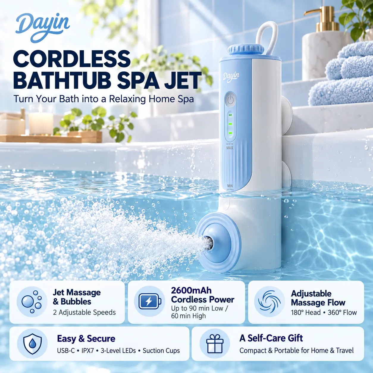 DayIn Portable Rechargeable Cordless Bathtub Bubble Machine - Home Spa Jet with Adjustable Flow, Premium Quality for Relaxation, Women's Gift