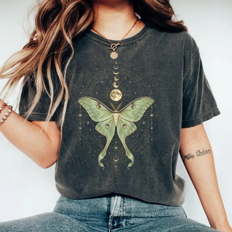 Comfort Colors Luna Moth Moon Phase TShirt, Celestial Sacred Geometry Tee, Mystical Insect Graphic T-Shirt, Nature Lover Gift