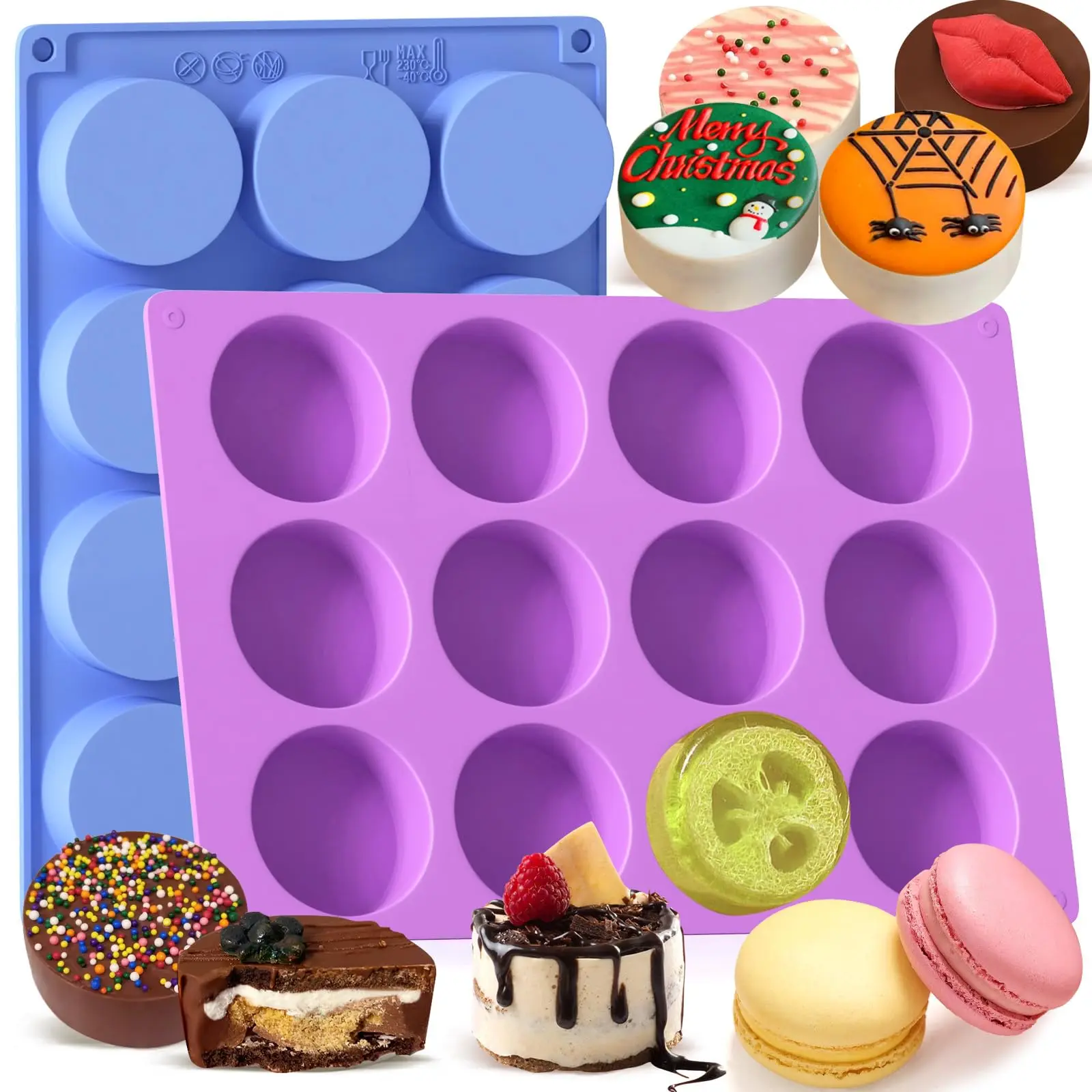 (2pack) Chocolate Covered Cookie Molds  Size Round 12-cavity 2.17 Inch Cylinder Silicone For Candy Cookies Pudding Jello Mini Cake Baking Or Handmade Soap