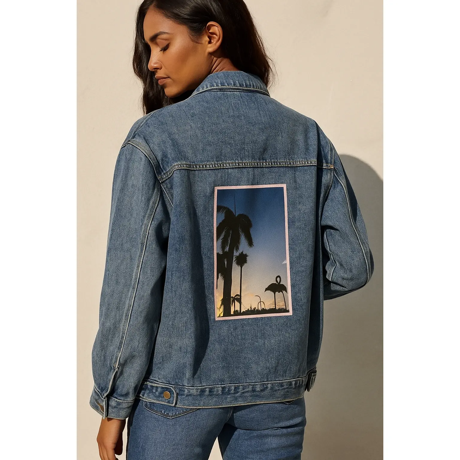 🦩Denim Jacket - Island Sunset Flamingo Women's Outerwear, Tropical Bird Design, Vacation Apparel, Summer Fashion, Beachwear Gift, Fall outfits, Fall jacket, trending clothes, Outfit inspo, back to school, college
