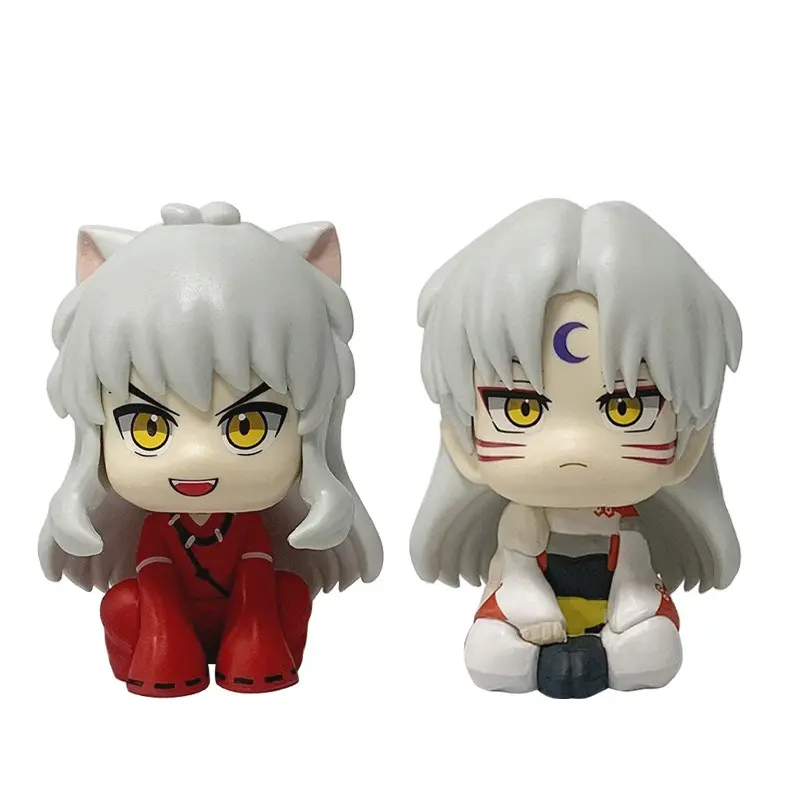 Chibi-style articulated Sesshomaru (from *Inuyasha*) figure—sitting pose, palm-sized desktop model—suitable as a collectible, blind box item, or anime gift.
