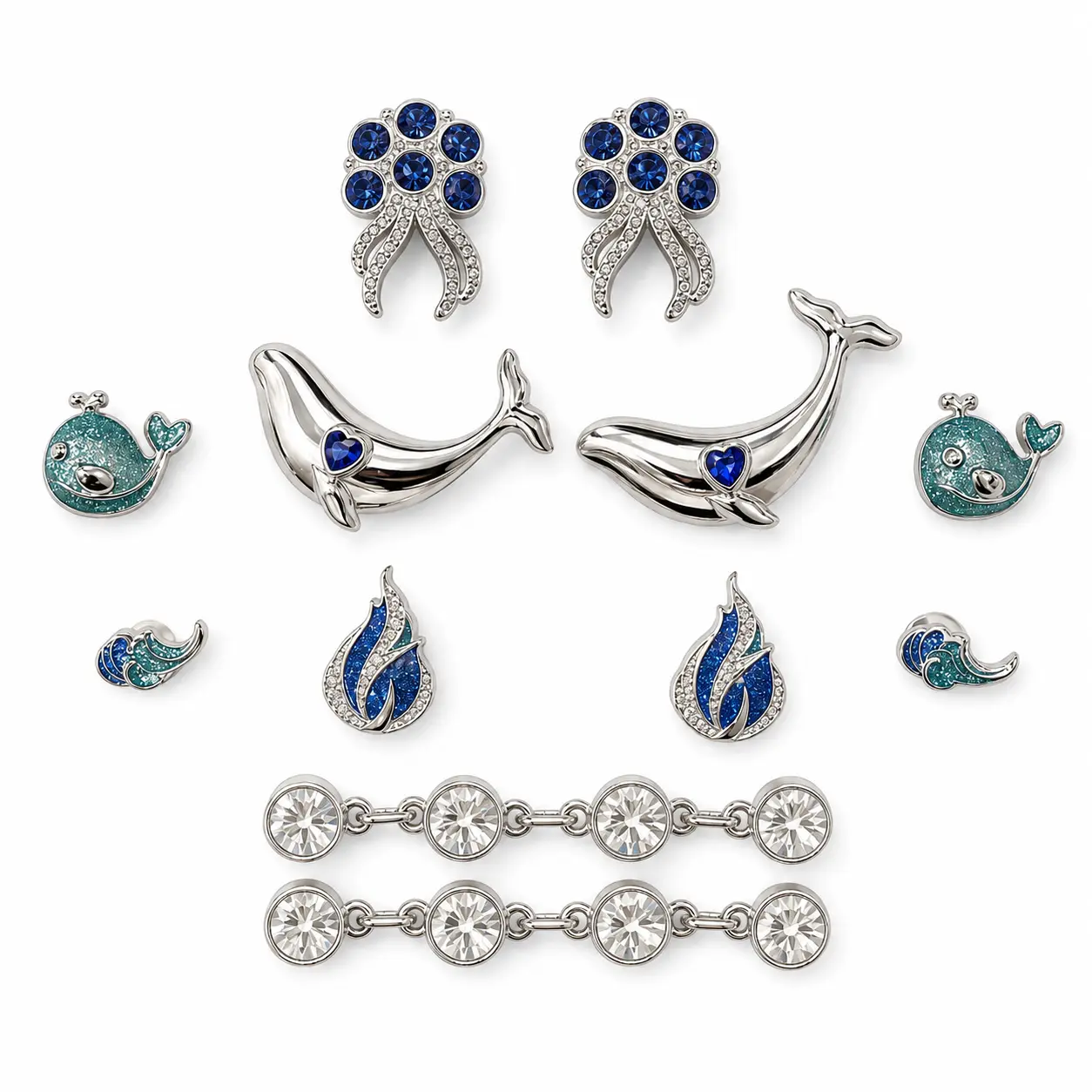 Women's 12Pcs Shiny Ocean Theme Resin Shoe Charms for Clogs - Whale, Jellyfish, Wave Designs with 2 Crystal Chains, Blue Rhinestone Beach Summer Clog Accessories
