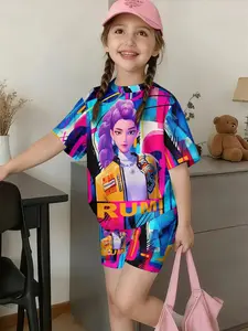 Neon Light Effect Cool Girl Kids Set, Loose Breathable T-Shirt + Shorts, Casual Short Sleeve, Slim-Fitting, All over Print, Casual Outfit Set