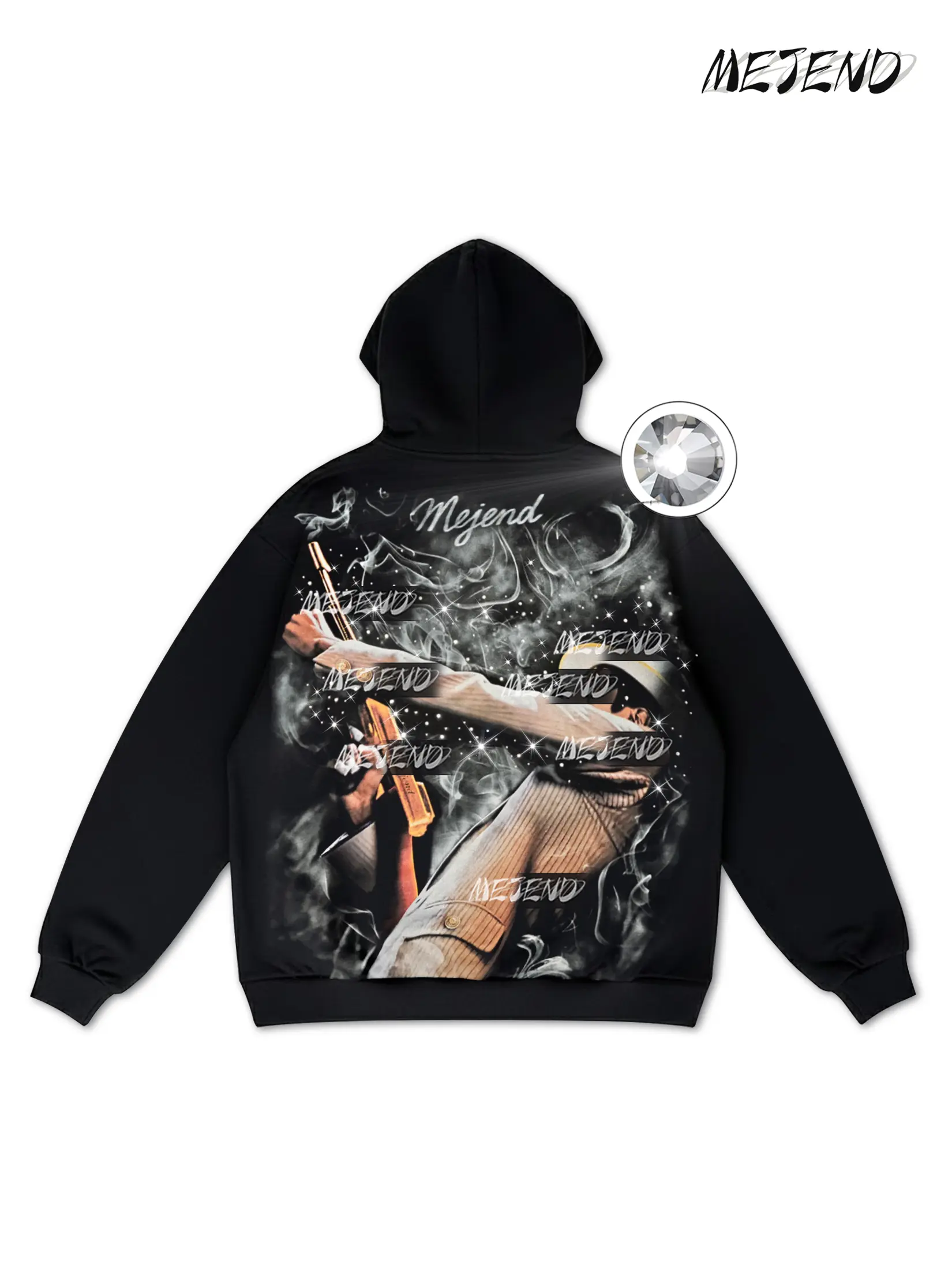 MeJend Rhinestone Graphic T-Shirt, Unisex Streetwear Hoodie, Vintage Casual Style, Sparkly Design for Everyday Menswear