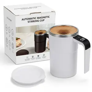 Stainless Reusable Portable Travel Mug, Electric Magnetic Self-Stirring Coffee Cup with LCD Thermometer, Portable Rechargeable Lid for Office Kitchen Use