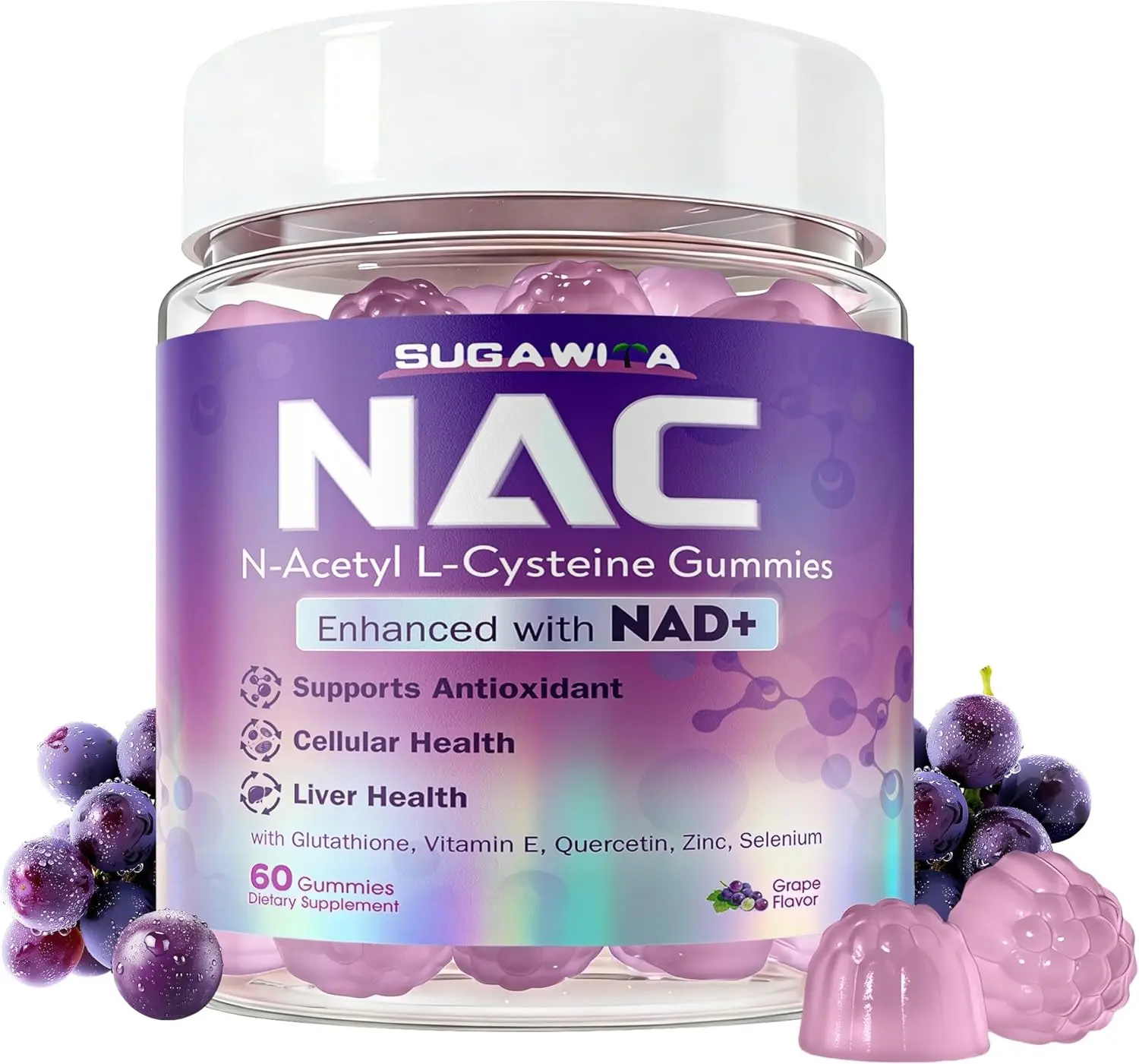 SUGAWITA NAC Supplement 1000mg with NAD+, NAC NAD Gummies for Women, N Acetyl Cysteine Chewable with Glutathione Quercetin Selenium Zinc Vitamin E, Antioxidants, Immune & Liver Health, Vegan, Sugar-Free 60ct