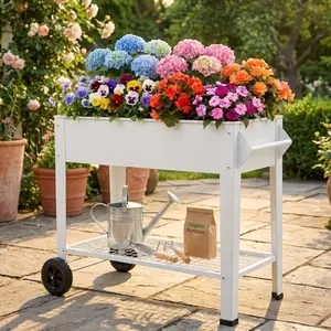 39 Inch Raised Garden Bed with Wheels and Storage Shelf, Metal Elevated Planter Box, 400 Lbs Capacity for Vegetables, Herbs and Flowers, White