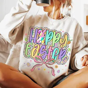 Happy Easter Sweatshirt – Cute Pastel Bunny & Egg Graphic, Cozy Cotton Blend, Oversized Fit, Spring Holiday Outfit, Easter Gift for Women & Girls