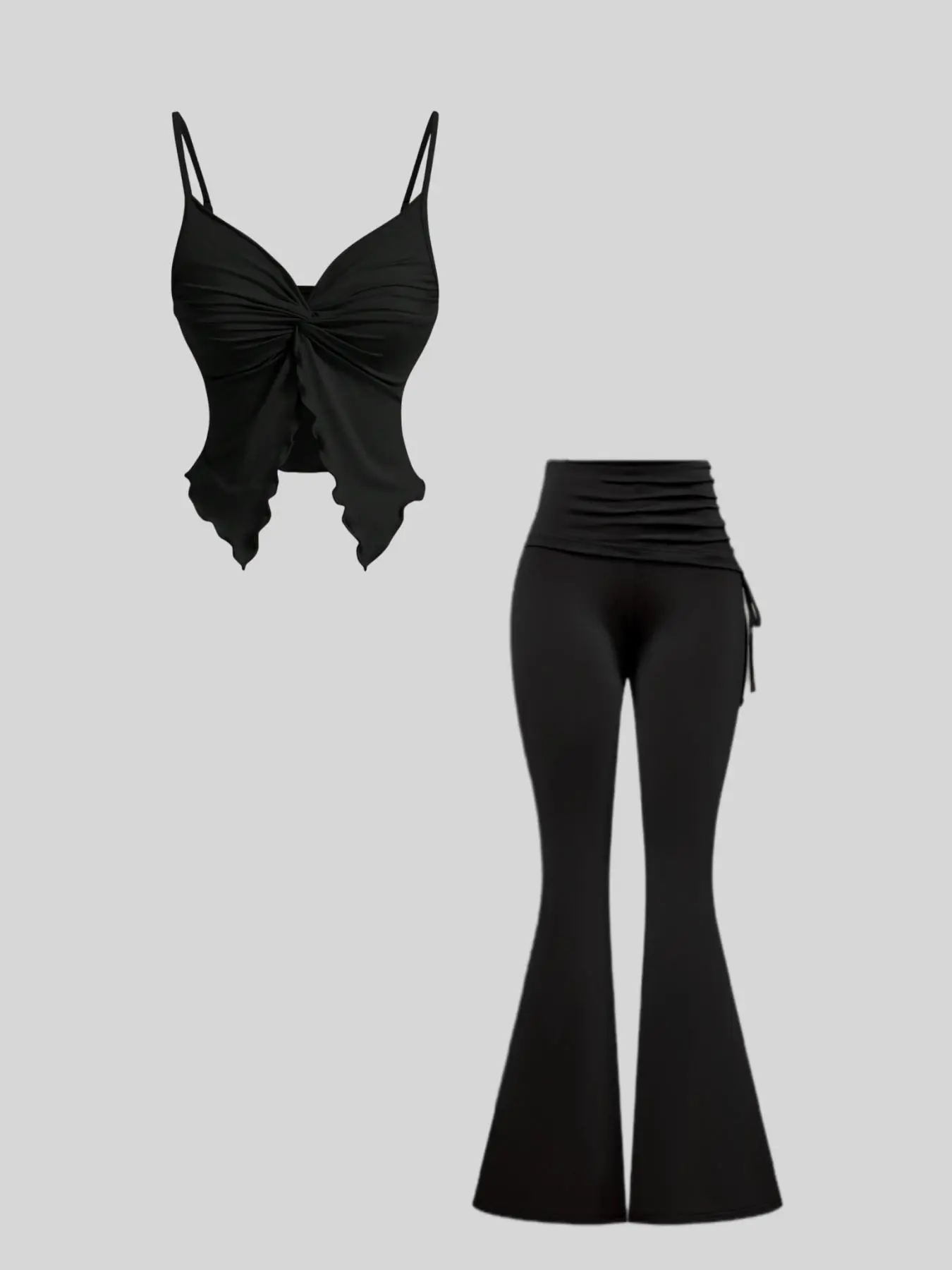 Two-piece Set Women's Solid Color Crop Cami Top & Flare Leg Pants, Lady Basic Casual Fashion Fitted Cozy Outfits for Daily Outdoor Wear, Women Clothes for Spring Fall, Suits, Fitted Outfit Sets, Minimalist Womenswear, Flared Pants Set