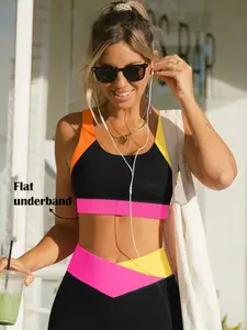 POPVIL Active Women's Colorblock Workout Set Wide Strap Sports Bra & High Waist Leggings Soft Stretch Supportive Yoga Gym Activewear Set