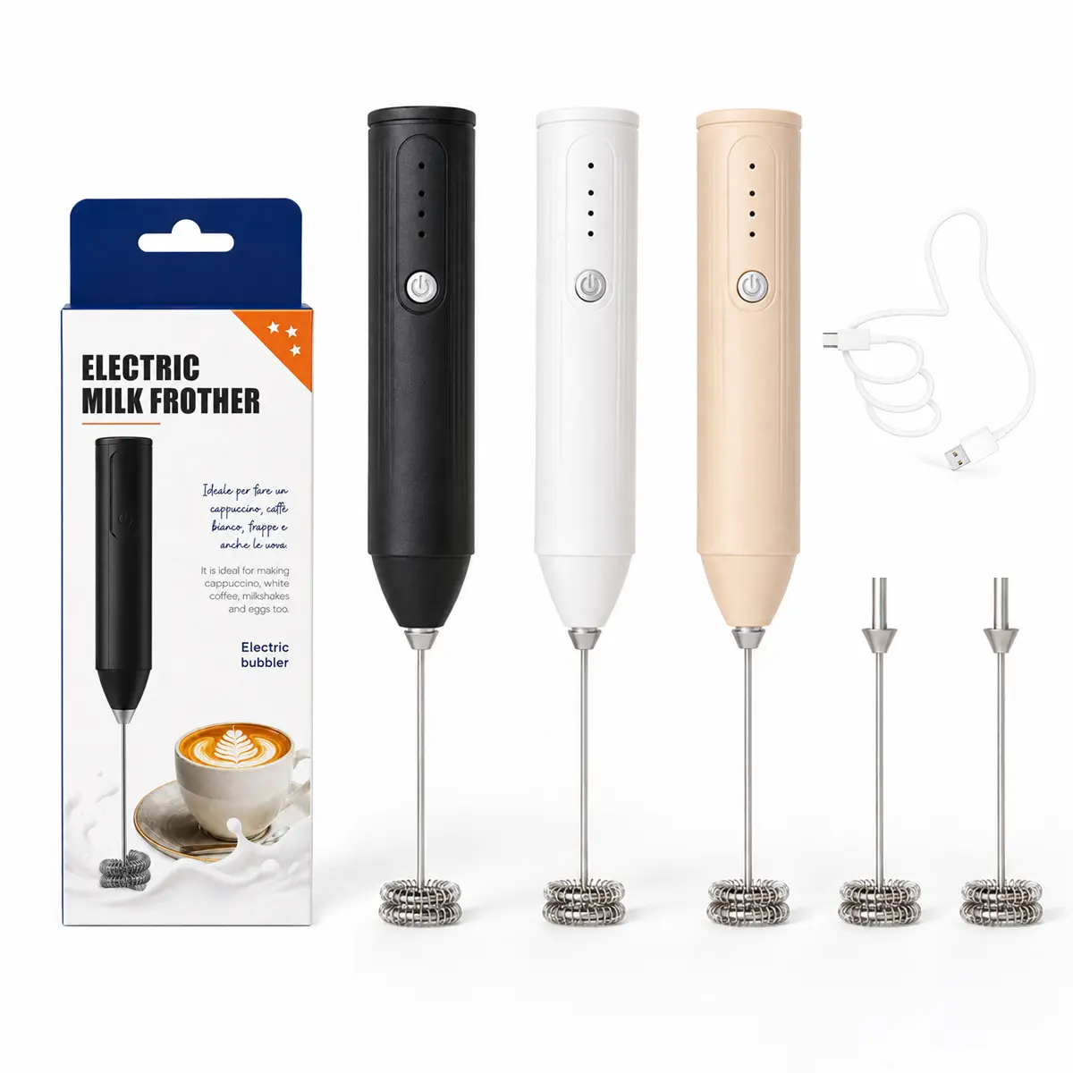 Electric Milk Frother Handheld USB Rechargeable Coffee Frother with Stainless Whisks, 3 Speed Adjustable Foam Maker for Egg, Milk, Coffee, Latte, Cappuccino, Hot Chocolate