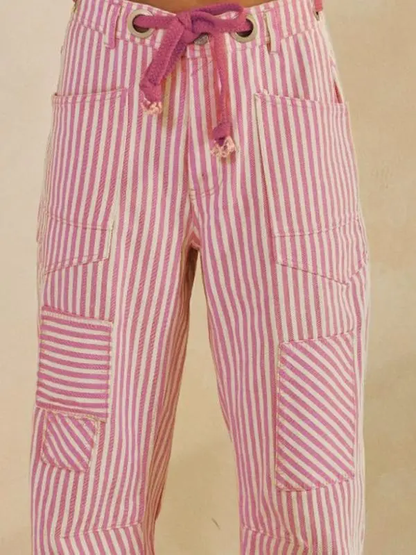 LovLov Washed Vintage Patchwork Striped Rope Denim Pants