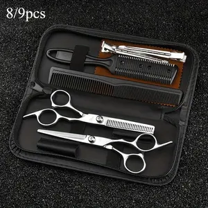 8/9pcs Professional Hair Cutting Scissors with Comb and Case - Perfect for Home Haircutting, Barber/Salon, and Thinning - Ideal for Men and Women (Silver)