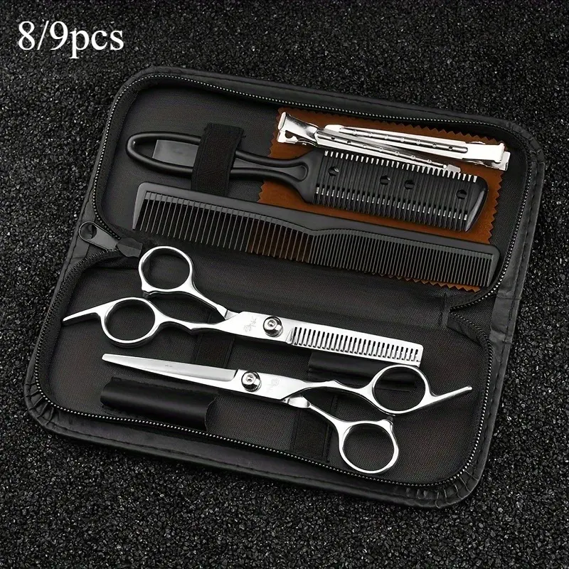 8/9pcs Professional Hair Cutting Scissors with Comb and Case - Trimming Set - Barber Supplies - Perfect for Home Haircutting, Barber/Salon, and Thinning - Ideal for Men and Women (Silver)