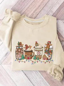 Women's Christmas Gingerbread Men & Coffee Print Crew Neck Sweatshirt, Casual Long Sleeve Pullover for Daily Wear, Ladies Spring & Fall Clothes
