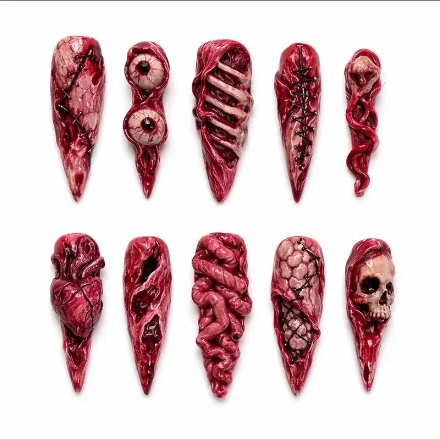 3D Horror Halloween Press On Nails Eyeball, Brain, Skull Creppy Hand Painted Nails Art Cosplay & Spooky Gifts