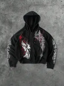 Unisex Zipper Hoodie with Gothic Angel & Cross Print, Street Dark Style Jacket, Trendy Fashion Casual Sport Outdoor School Hip-Hop