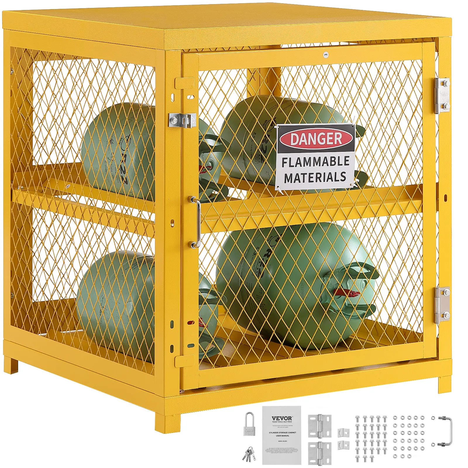 VEVOR Horizontal Cylinder Storage Cabinet,  4 x 33 lbs Cylinder Capacity, 31.02x30.04x35 inch Propane Storage Cage, Gas Cylinder Cabinet, Yellow Powder Coat Finish, for Freon, Gases, Oxygen, Nitrogen