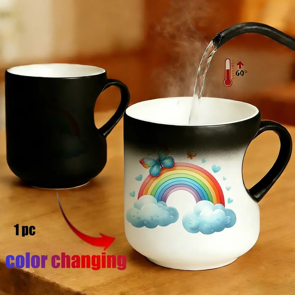 Magic Color Changing Mug, Heart Handle, Rainbow Butterfly Hearts Design, 11 Oz/330 Ml, Thermosensitive Ceramic, Father's Day Gift