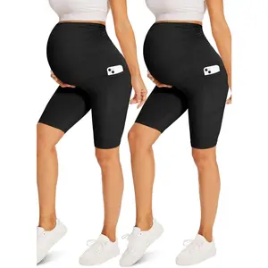Maternity Shorts with Pockets Over The Belly,8" Pregnancy Biker Yoga Active Workout