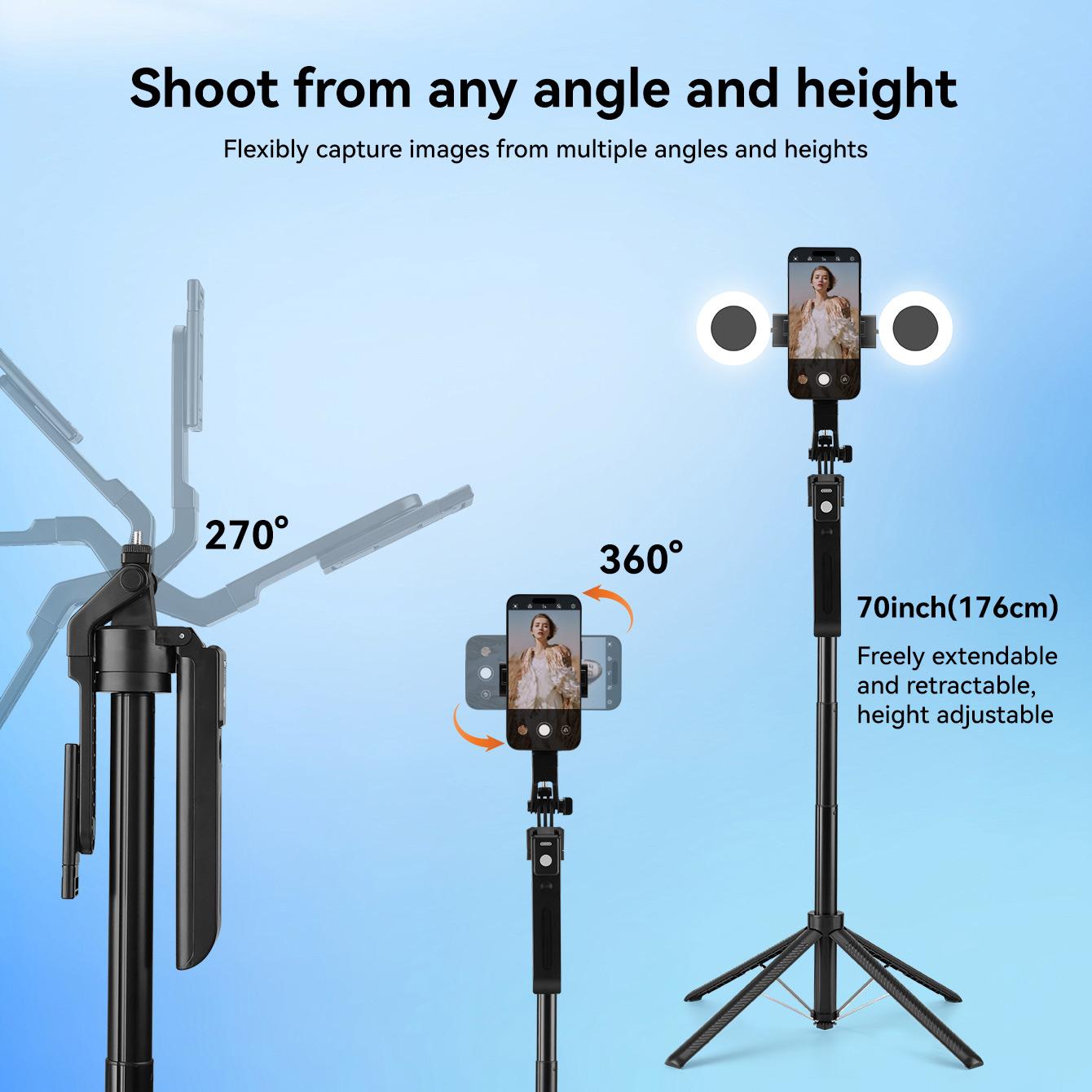 2025 New AI Selfie Stick Tripod, 360° Face Tracking. Multi-func Phone Mount W/ Remote & Fill Light, Adjustable Height, Sturdy Base. Compatible W/ IPhone & Android, For YouTube Recording & Travel Photography. Sleek Metal Finish, Durable.