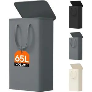 65L Slim Laundry Hamper, Small Laundry Basket with Lid, Dirty Narrow Collapsible Clothes Storage with Easy Carry Extended Handles, Tall Hampers for Bedroom Laundry Room, Gray, 1 Pack