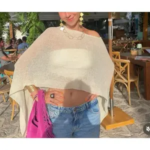 Women Knit Cover-up, See-through Solid Irregular Loose Pullover Summer Beach Tops