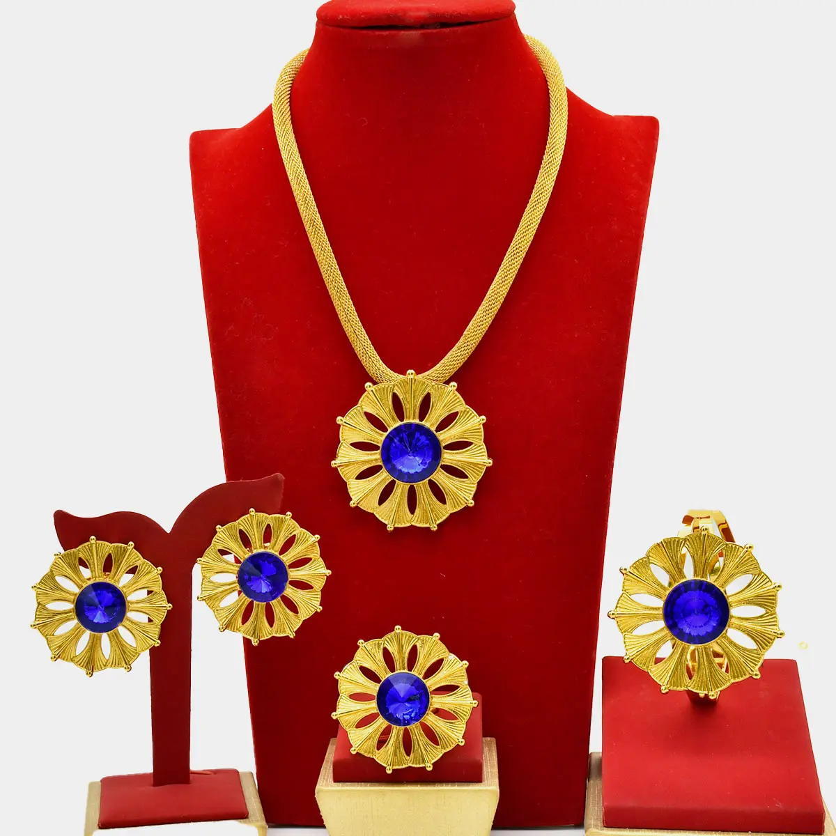 Women's Luxury Gold-Plated 4-Piece Sunburst Gemstone Jewelry Set - Shimmering, Bling, Colorful, Ethnic-Inspired, Gold-Colored - Statement Necklace, Drop Earrings, Ring, Bracelet for Bridal & Formal Events, Shimmering Jewelry Sets, Bling Jewelry Sets