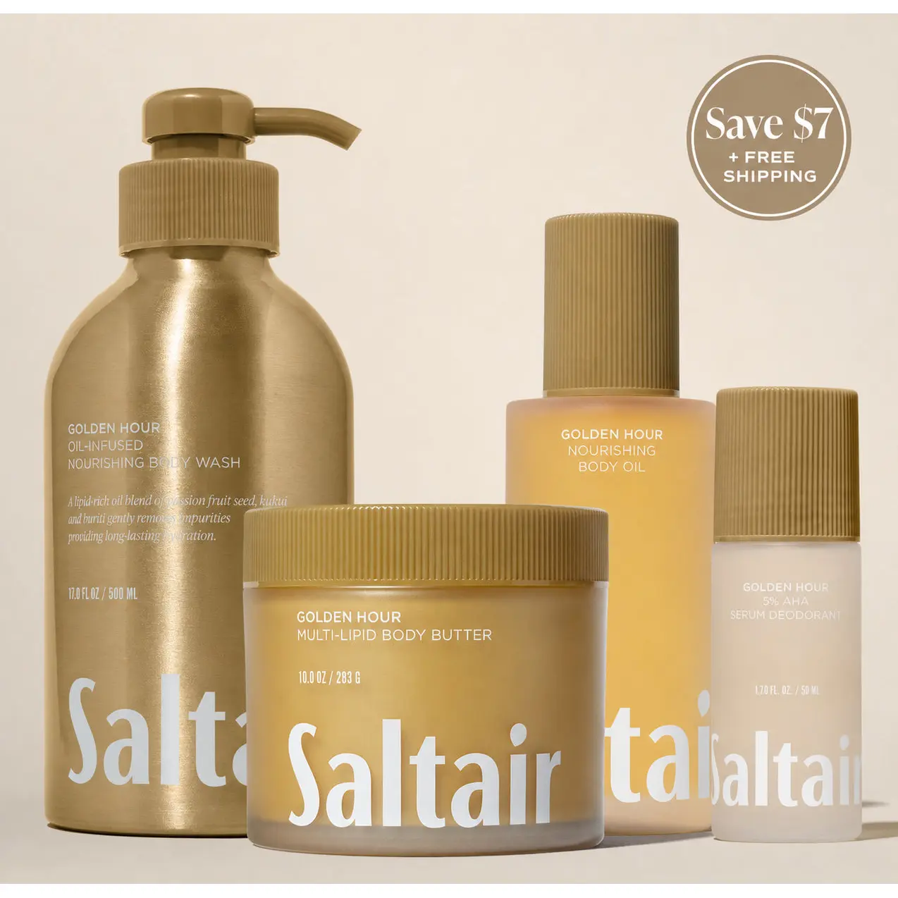 Saltair Golden Hour Bodycare Vault Set - Serum Body Wash (17 fl oz), Serum Deodorant (1.7 fl oz), Nourishing Body Oil (4 fl oz) & Multi-Lipid Body Butter (10 oz) Bundle for Soft, Glowing Skin - Radiant Sunflower, Juicy Pineapple, Fresh Coconut