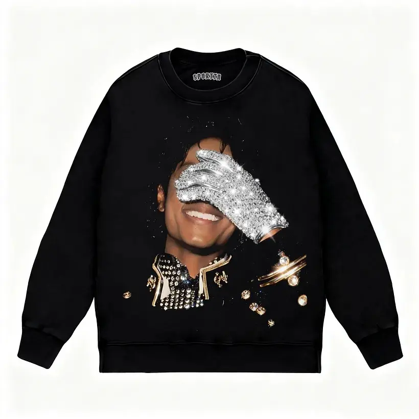 Vintage Jackson Sweatshirt, King of Pop Sparkling Glove Portrait Print Sweatshirt, No Rhinestone