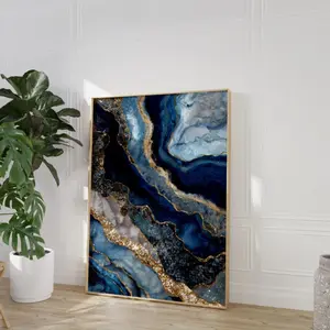 elegant blue geode wall art | abstract agate marble with gold accents | modern glam decor | blue & gold statement art | crystal art print