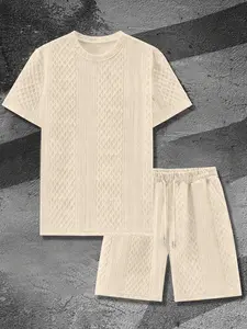 Men's Summer Casual Knit Texture T-Shirt Set, Outfit, Fashion Drawstring Shorts, Outdoor Play Running Fitness, Perfect Gift for Him