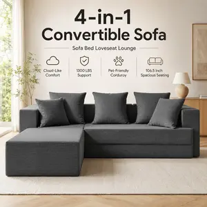 Super Convertible Sectional Sofa Bed 106.5 Inch L Shaped Corduroy Floor Couch 4 in 1 High Resilience Foam Modular Sleeper Sofa 1300 LBS Capacity Heavy Duty Living Room Furniture Modern Apartment Couch Gray