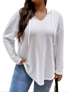 【plus size】 solid drawstring drop shoulder hoodie, casual long sleeve hooded sweatshirt for daily wear, women's plus clothing for all seasons