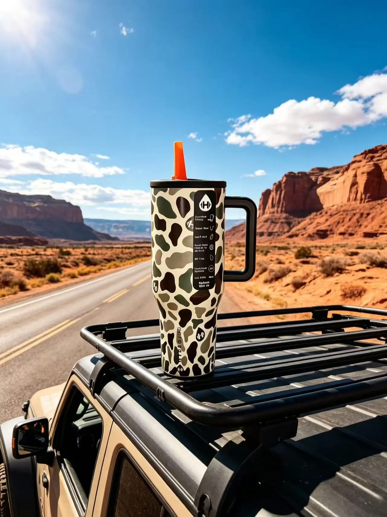 HydroJug 40oz Camo Cow Print Vacuum Insulated Tumbler with Handle & Orange Flip Straw Lid, Stainless Steel Leakproof Insulated Water Bottle, Non-Slip Rubber Base, Cup Holder Friendly for Off-Road Camping Hunting, Insulated Water Bottles