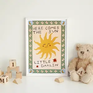 [SALE UP TO 40%] [Unframed] Here Comes The Sun Nursery Print | Retro Sunshine Baby Wall Art with Positive Quote | Kids Room, Playroom and Baby Shower Gift