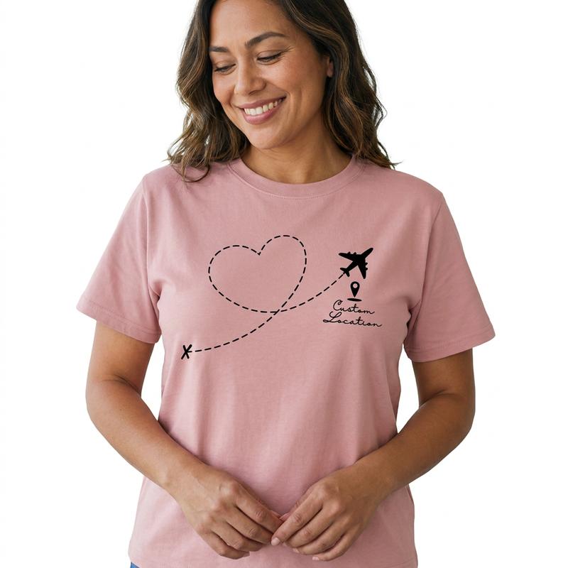 Airplane Heart Travel Shirt Women Plus Size Graphic Tee Custom Location Vacation Top