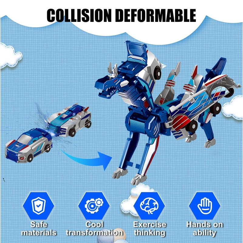 Collision Transforming Dinosaur Car Toy, 2 Magnetic Cars Convert into Dinosaur Toys,Dino Robot Toy, Boys Toys,Kids Toys, Party Birthday for Kids (Blue)