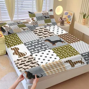 3-Piece Dachshund Dog Patchwork Fitted Sheet Set, 1 Fitted Sheet + 2 Pillowcases, Soft Comfortable Breathable Fabric, Deep Pocket Non-Slip Mattress Cover, All Season Pet Print Bedding for Kids Teens Bedroom Bedsheet Sets