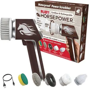 Horsepower Scrubber Waterproof Spin Brush for Cleaning Bathroom, Kitchen, Indoor Outdoor Use, 5 Replaceable Brush Heads Rechargeable