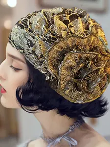 1PCS Luxury Gold Lace Ethnic Pattern Turban Hat with Rhinestone Flower | Elegant Moroccan Head Wrap for Women | Vintage Party Headwear Styling Accessory
