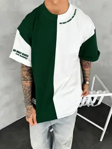 Men's Fashion Casual Colorblock T-Shirt, Simple Letter Print, Versatile and Stylish, Perfect for Daily Wear, Comfortable and Trendy