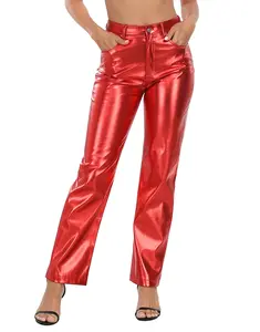 HDE Women's Shiny Metallic Faux Leather Pants High Waisted Straight Leg Trousers Fashion Womenswear Fabric Pocket Bottom Cosplay Alien Costume