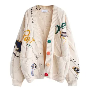 Women's Cute Cable Knit Open Front Cardigan Kawaii Long Sleeve Button Embroidered Sweater Coat Outwear