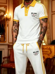 Men's 2-Piece Stylish Milan Italian Pattern Outfit - Casual Sports Top & Pants Set, for Golf & Fitness, Striped All-Season Menswear Clothing Set