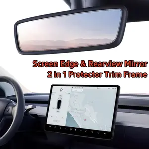 2PCS Silicone Protector Frames For Tesla Model 3 2017 - 2024 2025 Highland / Tesla Model Y 2019 - 2023 2024 2025 Juniper, Car Screen Edge and Rear View Mirror Protector Frames Cover Interior Decorations Center Console Decor Accessories Set, Black/White